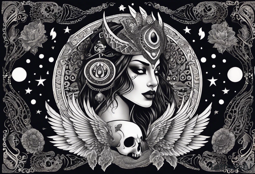 black kali, goddess pirate, alien, angel, pachamama, valkrye, warrior, flying, skull, lotus azul, wing, eagle, zenza resonance, stars, 5D, anahata chakra, death, durga, riding on a tiger, flying lady, kundalini, chest tatoo, samuri, rebel,serpent tattoo idea