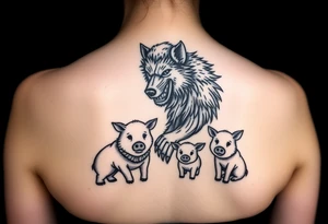 nursery rhyme big bad wolf wearing a costume of a  sheep to eat the pigs
Farm and three little pigs tattoo idea