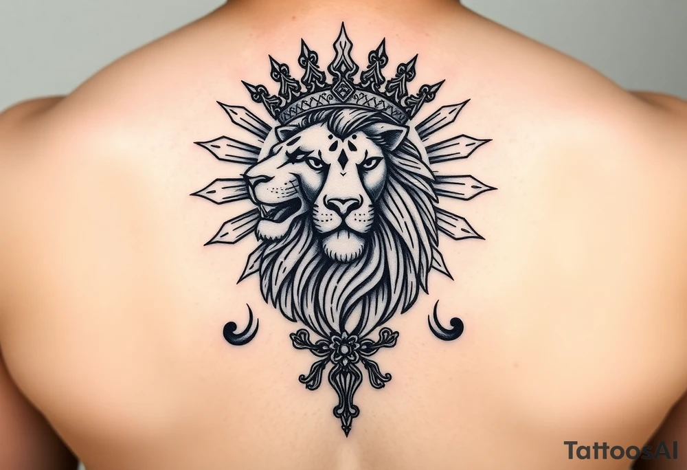 A majestic Persian lion with a radiant sun behind it, inspired by the ancient 'Lion and Sun' emblem of Iran. The lion wears a regal Persian crown, symbolizing power and sovereignty. The design elegantly incorporates the 'Faravahar' symbol, blending its wings and spiritual elements into the composition. The artwork is intricate, with fine ornamental Persian patterns, evoking a historical yet modern tattoo style. The atmosphere is grand, with a bold blackwork and neo-traditional tattoo aesthetic." tattoo idea