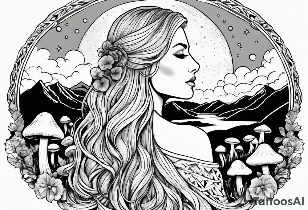 Blonde long straight hair older woman no makeup surrounded by mushrooms facing mountains crescent moon background tattoo idea
