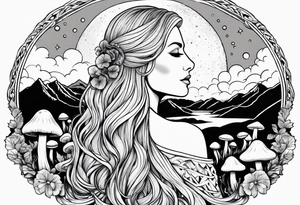 Blonde long straight hair older woman no makeup surrounded by mushrooms facing mountains crescent moon background tattoo idea