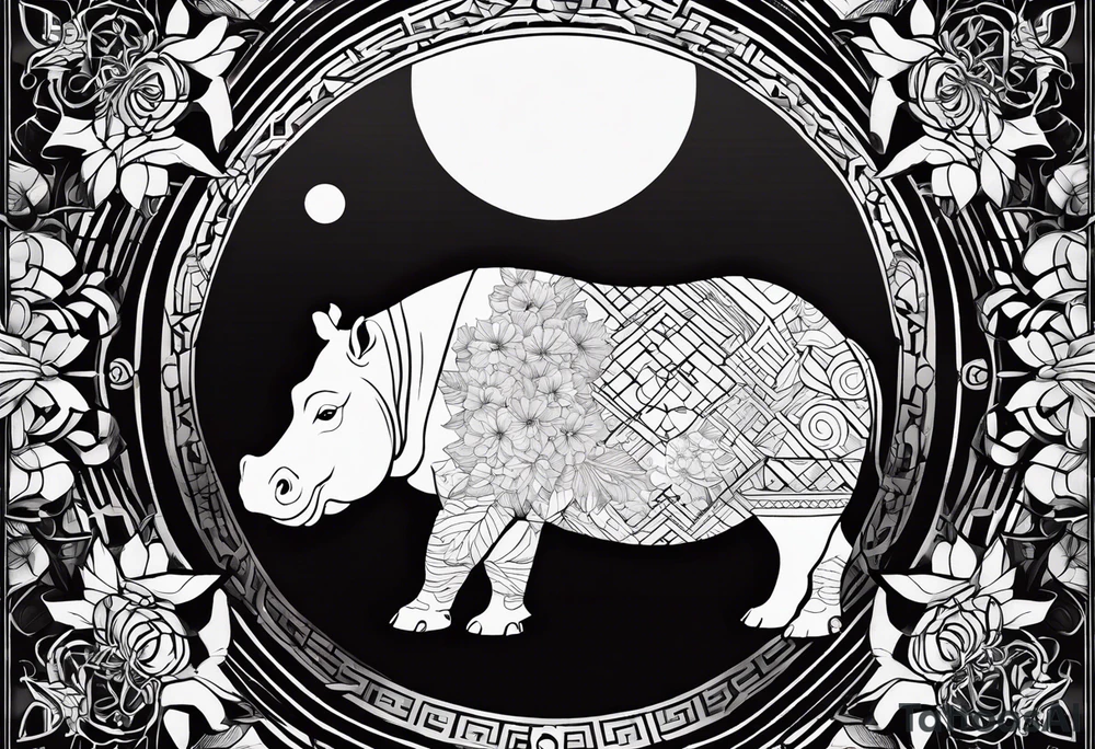 Very asymmetrical, +geometric pattern, with realistic full moon, with seeious looking hippo, +zen feel, + Buddhism touch, +tribal, +geometric
with wintersweet flower bud, +portrait orientation, +inkart touch, tattoo idea
