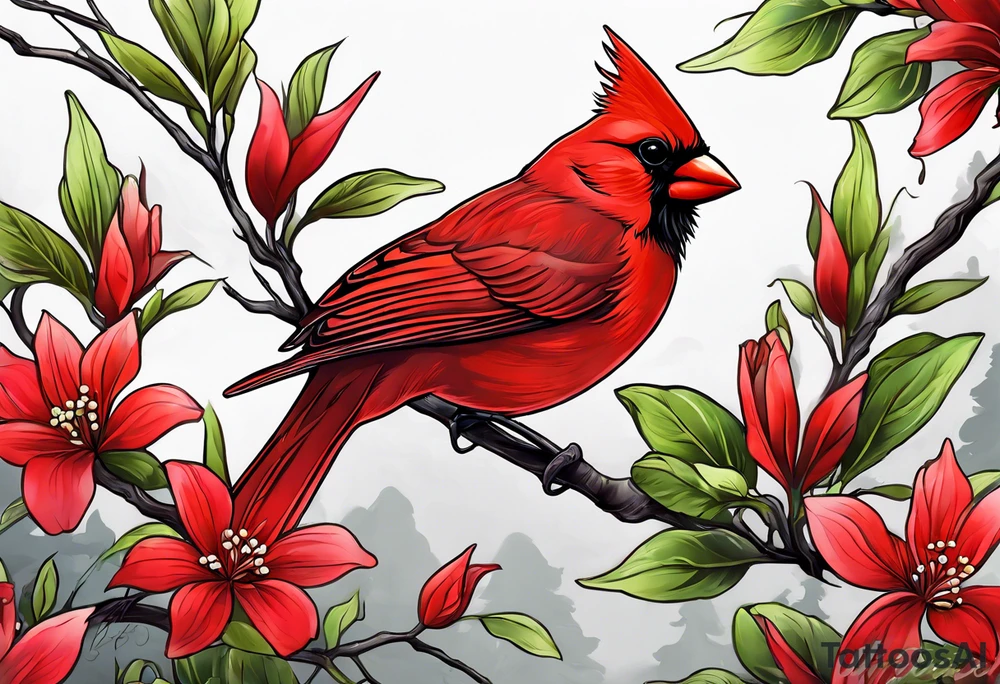 Trees, flowers, red cardinal, representing growth from grief tattoo idea