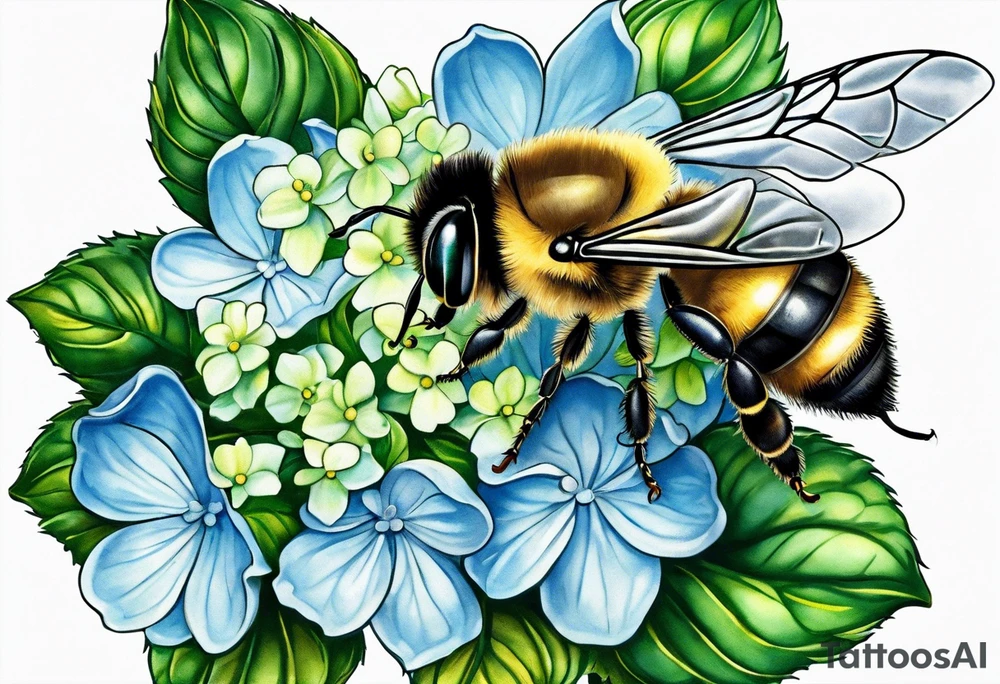 Small tattoo. There’s a hydrangea and a bee but they are not touching. Make the bee smaller than the hydrangea and have the bee off to the side. tattoo idea