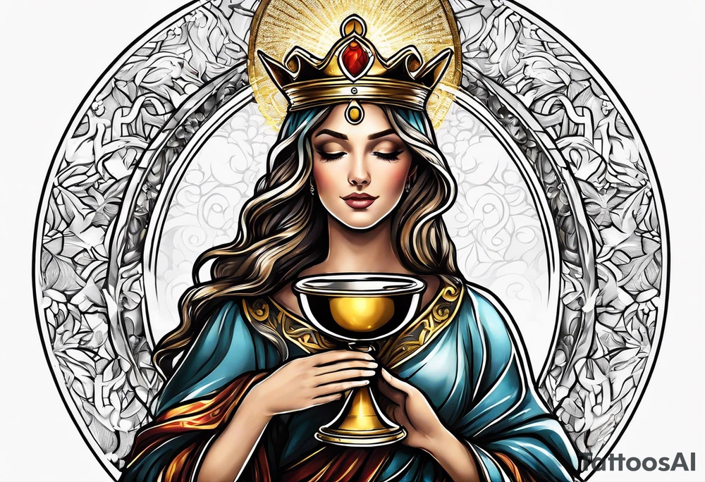 woman saint holding chalice surrounded by golden halo tattoo idea