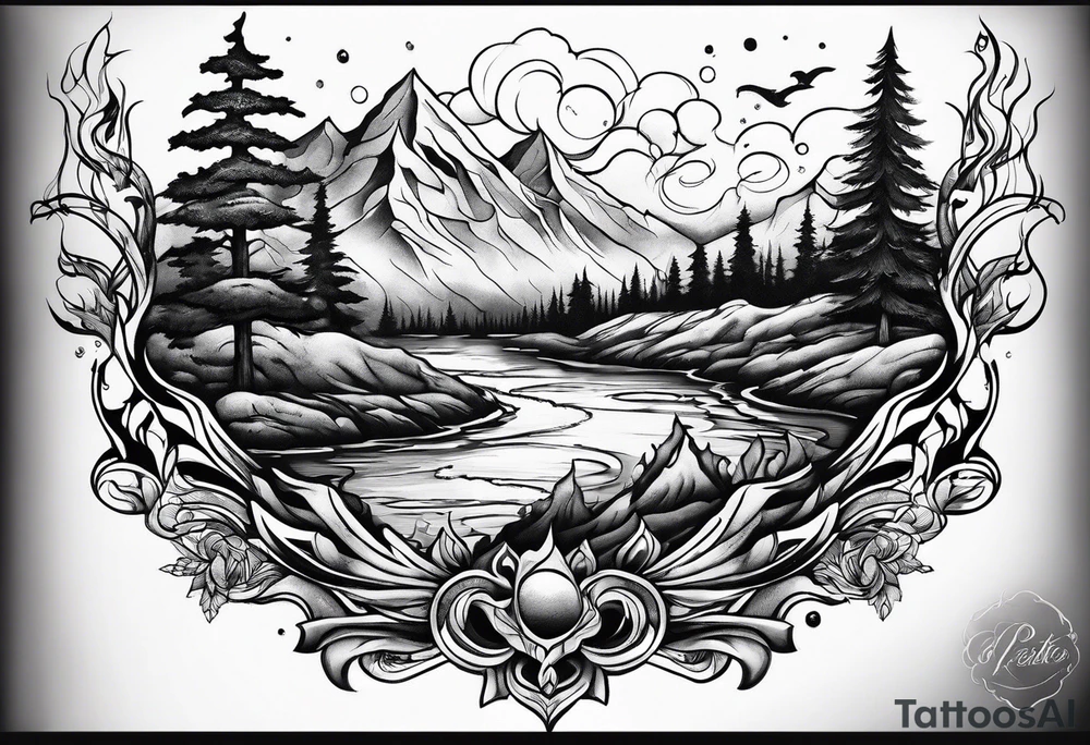Flames to ash to frozen landscape tattoo idea