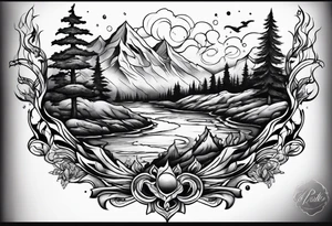 Flames to ash to frozen landscape tattoo idea