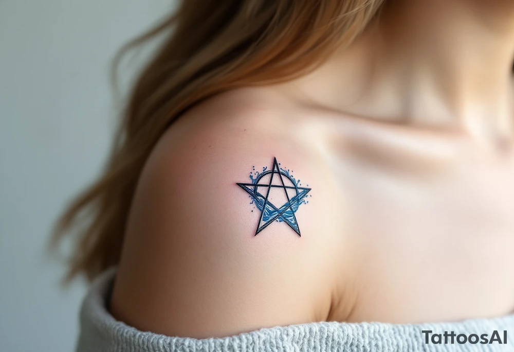 A pentagram submerged in dark water, with tiny waves and blue accents tattoo idea