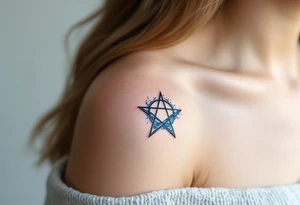 A pentagram submerged in dark water, with tiny waves and blue accents tattoo idea