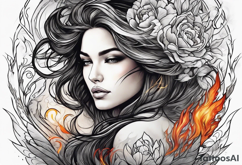 Resurrection strength and courage Beautiful Woman walking through fire and chaos to inner peace and self-love  ethereal tattoo idea