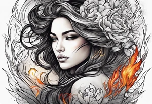 Resurrection strength and courage Beautiful Woman walking through fire and chaos to inner peace and self-love  ethereal tattoo idea