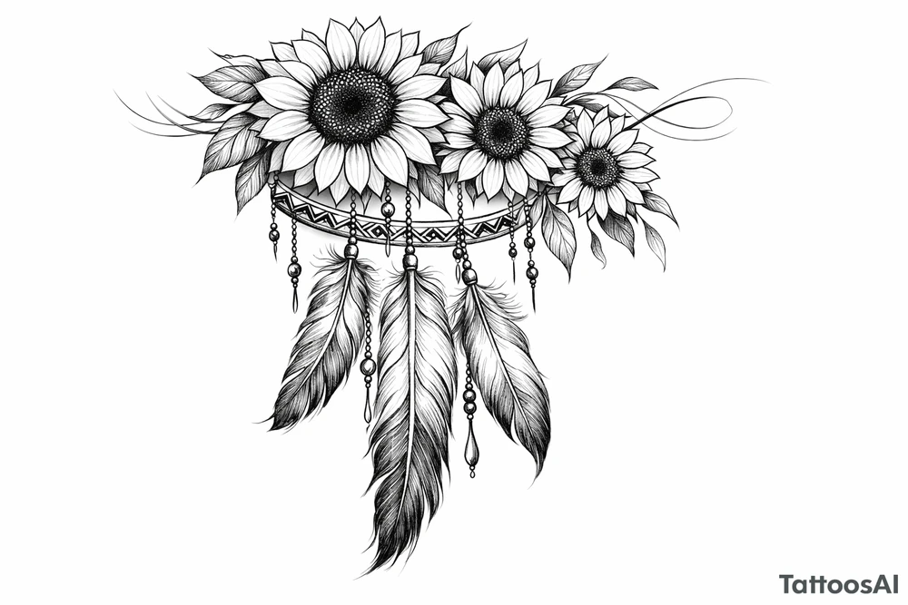 Cascading Sunflowers on top of Indian feathers and Indian ribbon tattoo idea