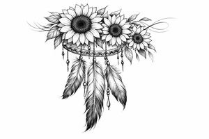 Cascading Sunflowers on top of Indian feathers and Indian ribbon tattoo idea