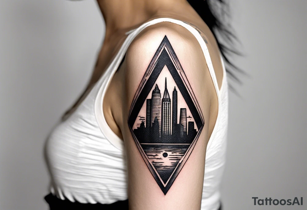 Create a visually dynamic tattoo that seamlessly blends the timeless elegance of the three Pyramids of Giza with the modern allure of the Manhattan skyline. Envision the pyramids standing majestically, perhaps incorporating subtle Egyptian motifs like hieroglyphs or an ankh, transitioning smoothly into the iconic structures of New York, such as the Empire State Building and One World Trade Center. tattoo idea