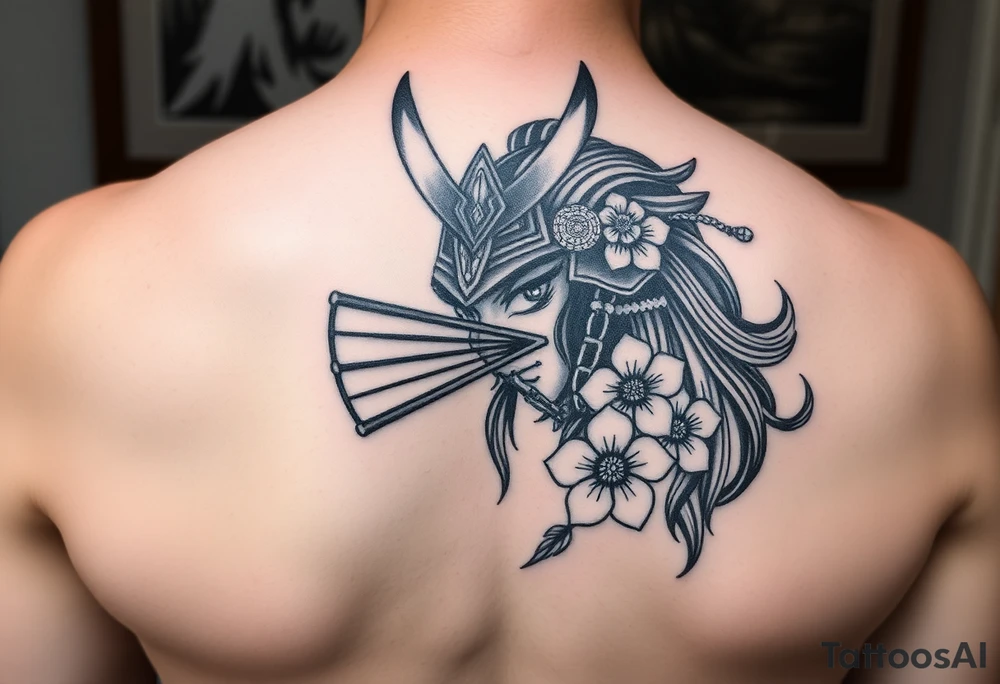 Samurai Asian face warrior and half
 with a fan across her face with cherry blossom tattoo idea