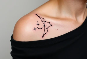A minimalist black Sagittarius constellation with fine-line stars connected by soft silver threads across the shoulder blade. tattoo idea