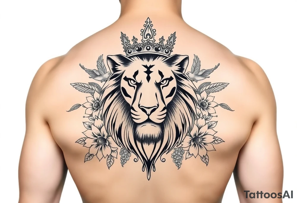 powerful majestic lion with a crown, surrounded by floral ornaments and birds tattoo idea