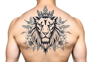 powerful majestic lion with a crown, surrounded by floral ornaments and birds tattoo idea