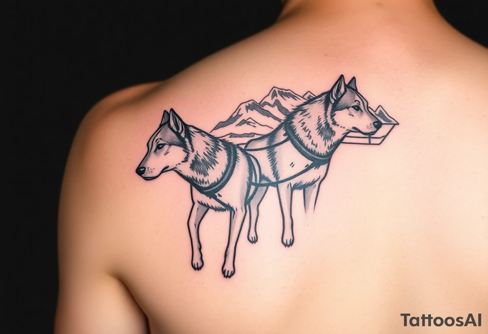Sled dogs from a side viewwith sled and northern lights and mountains tattoo idea