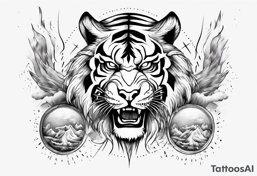 tiger warrior with lightning and the sun for a forearm sleeve tattoo idea