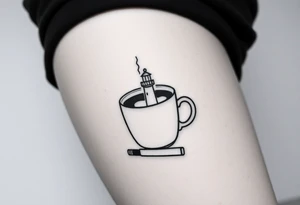 A mug of coffee
 with a picture of a 
 lighthouse on the the mug and a cigarette laying next to it tattoo idea