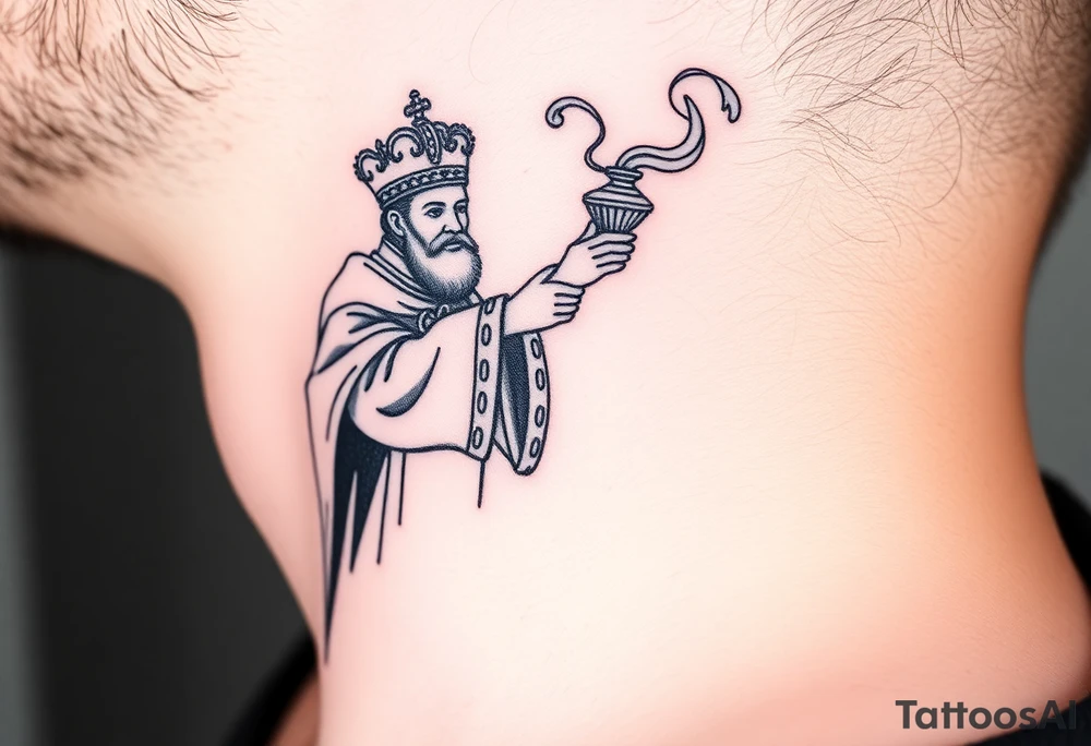 Russian Orthodox Priest in a fully detailed gold vestment swinging a censer with smoke curling upward tattoo idea