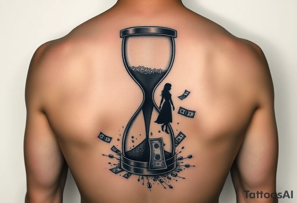 futuristic full back tattoo, broken hourglass with sand turning into digital particles, silhouette of a woman walking away in the distance, falling money dissolving into light, cyberpunk atmosphere, symbolizing lost time, lost love and lost fortune, black and grey tattoo with subtle neon accents, ultra detailed tattoo idea
