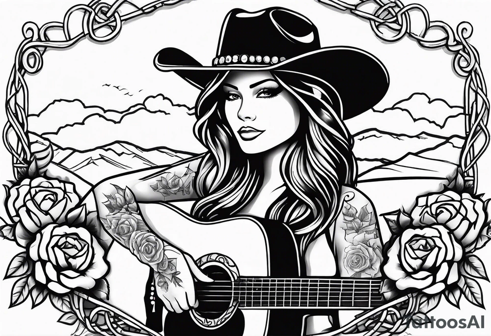 Country acoustic guitar with cowboy hat, barbed wire and roses in background tattoo idea