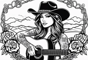 Country acoustic guitar with cowboy hat, barbed wire and roses in background tattoo idea