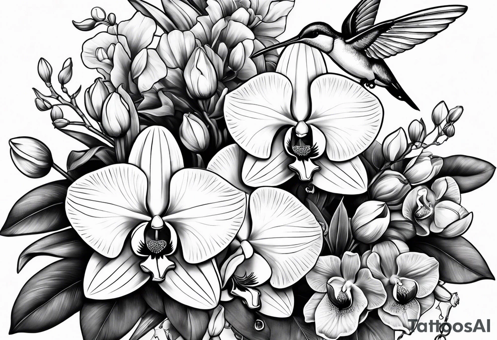 An anchor and orchids and a hummingbird tattoo idea