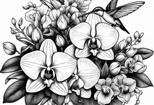 An anchor and orchids and a hummingbird tattoo idea