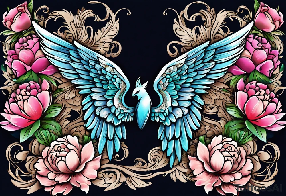 beautiful angel wings with colorful, peonies. beautiful flilligree in the background , full color, traditional old school tattoo idea