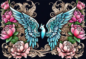 beautiful angel wings with colorful, peonies. beautiful flilligree in the background , full color, traditional old school tattoo idea