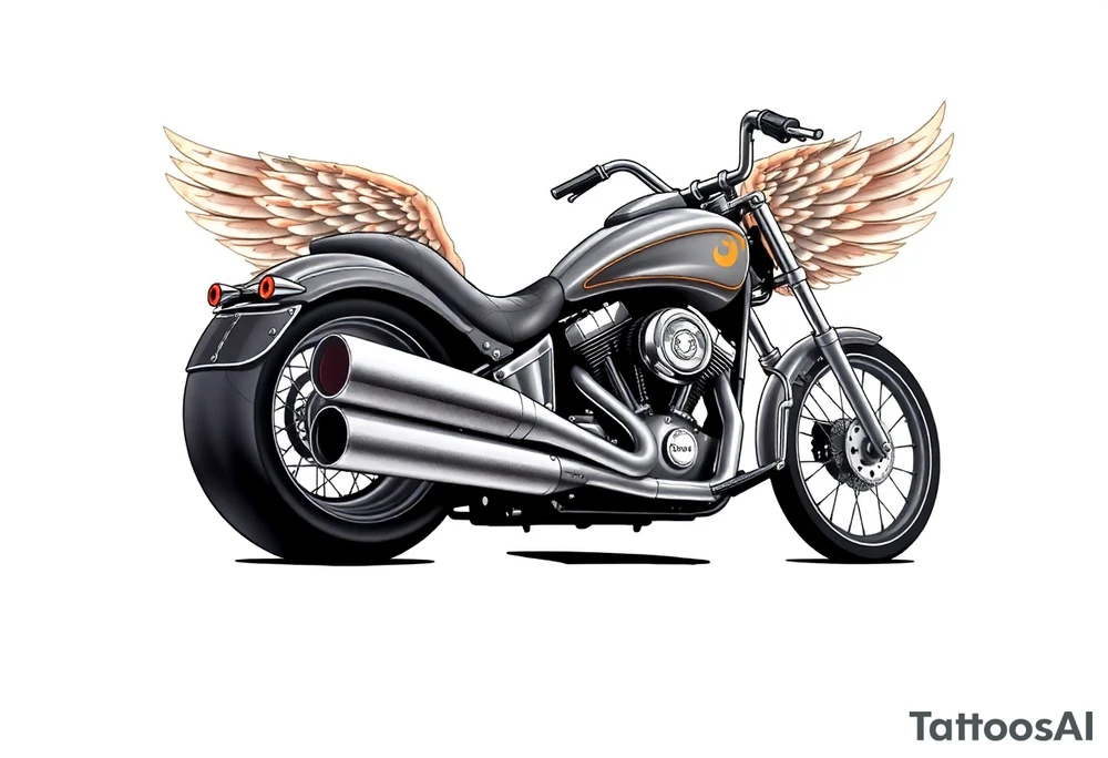 Low rider grey motorcycle, big muffler pipes with flames, angel wings, driving away, no person tattoo idea