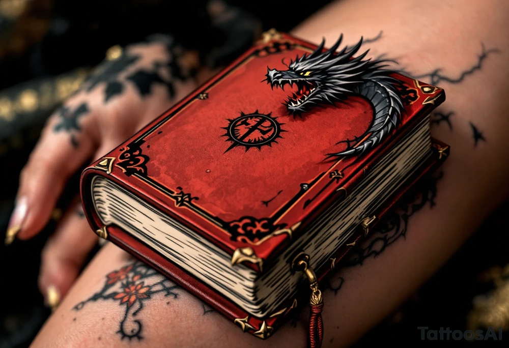 Book with a Dragon's Shadow – A thick dark red tome with an embossed dragon symbol on the cover, while a faint black and gray dragon silhouette rises from the pages like a guardian of ancient knowledge. tattoo idea
