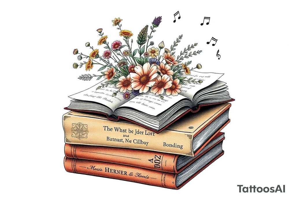 stack of 3 vintage books with various names on the spines top book open with bouquet of different kinds of wild 
flowers coming out of it
Music notes dancing around in the background tattoo idea