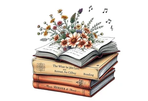 stack of 3 vintage books with various names on the spines top book open with bouquet of different kinds of wild 
flowers coming out of it
Music notes dancing around in the background tattoo idea