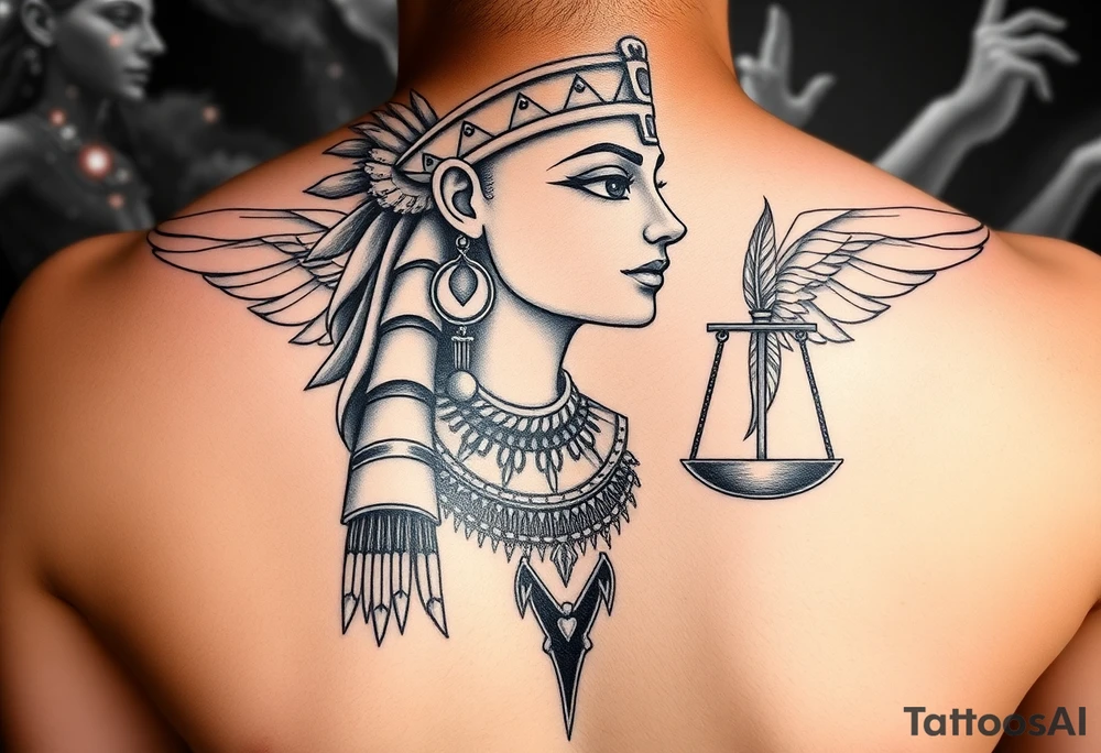 Beautiful Egyptian goddess with an elegant body, depicted as a regal woman with an ostrich feather headdress, and intricate ancient Egyptian jewelry such as the Anhk necklace. Background includes something similar to heaven. Incorporate the Scales of Justice—one side holding a heart, the other Ma’at’s feather—glowing with ethereal energy. Emphasize dramatic lighting, deep shadows, and surreal, mystical atmosphere tattoo idea