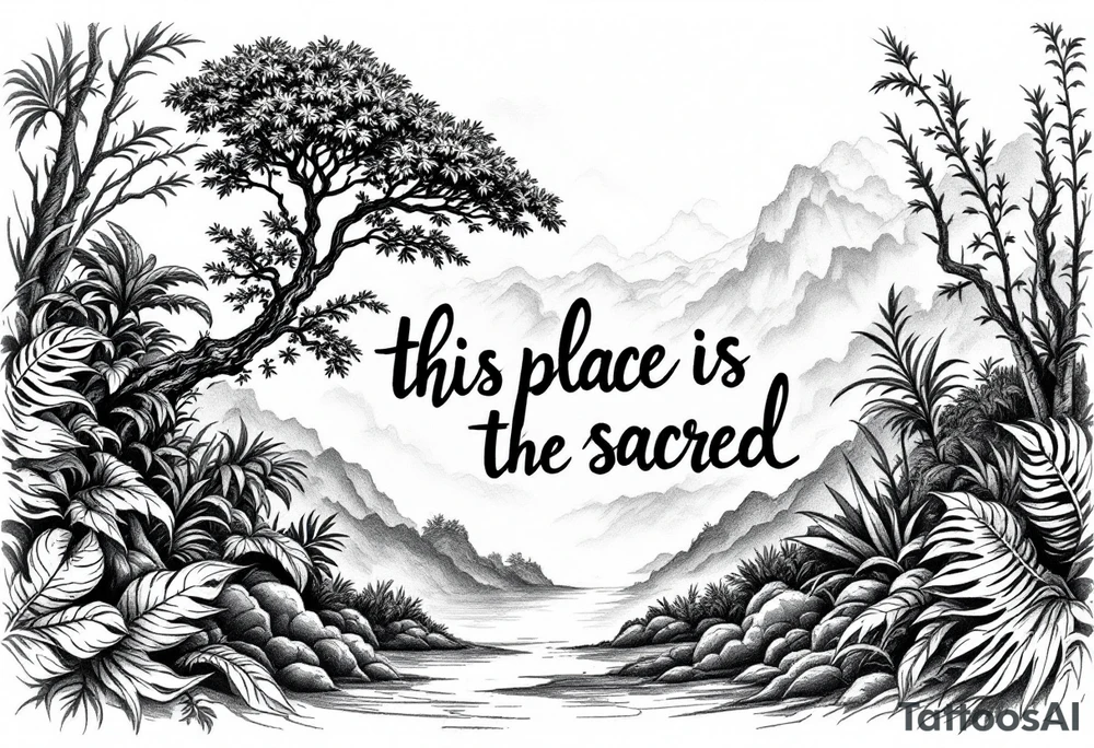 Hand written writing that says this place is sacred. There is also small breadfruit tree in the iao valley in maui tattoo idea