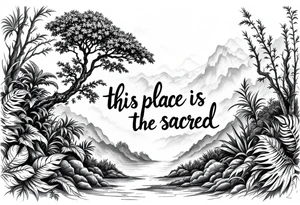 Hand written writing that says this place is sacred. There is also small breadfruit tree in the iao valley in maui tattoo idea