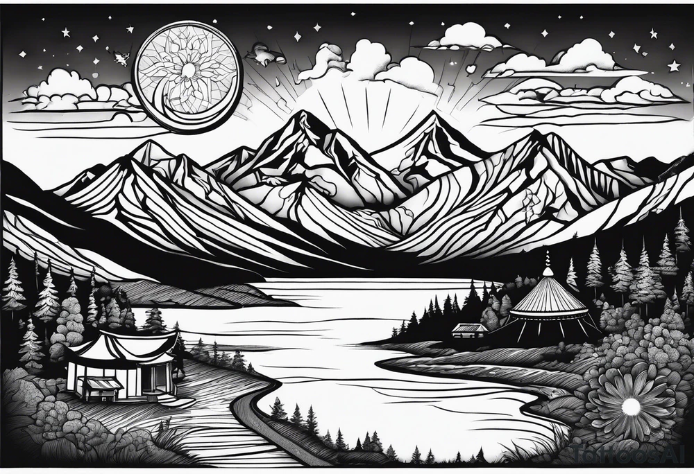 mountains, lake, yurt, sun, road tattoo idea