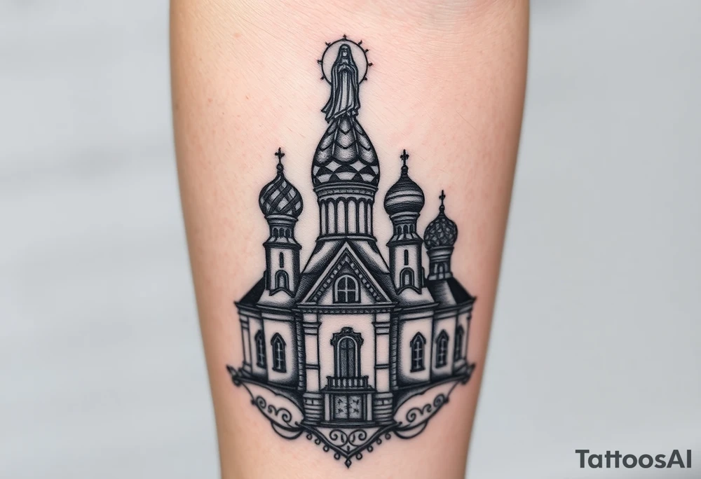 in a dorsal view a detailed orthodox church with onion domes and a band at the front with mist shrouding the top and fading into a virgin mary overlooking above at the top tattoo idea