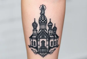 in a dorsal view a detailed orthodox church with onion domes and a band at the front with mist shrouding the top and fading into a virgin mary overlooking above at the top tattoo idea