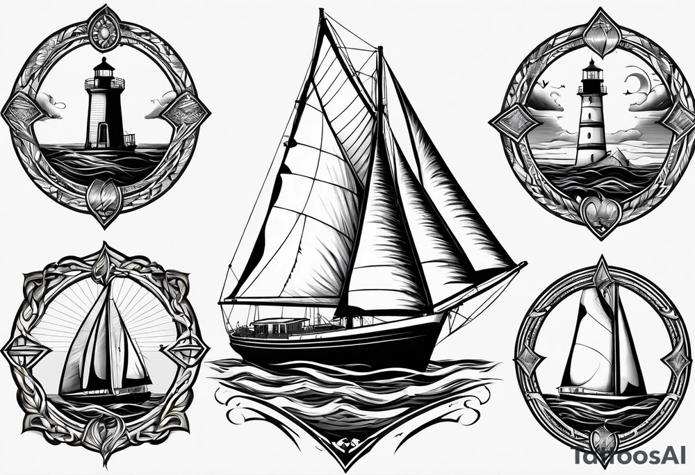 bow of a sailboat. 1 mast and 2 sails to windward. one of the 2 sails is half sail, half marine lighthouse. tattoo idea