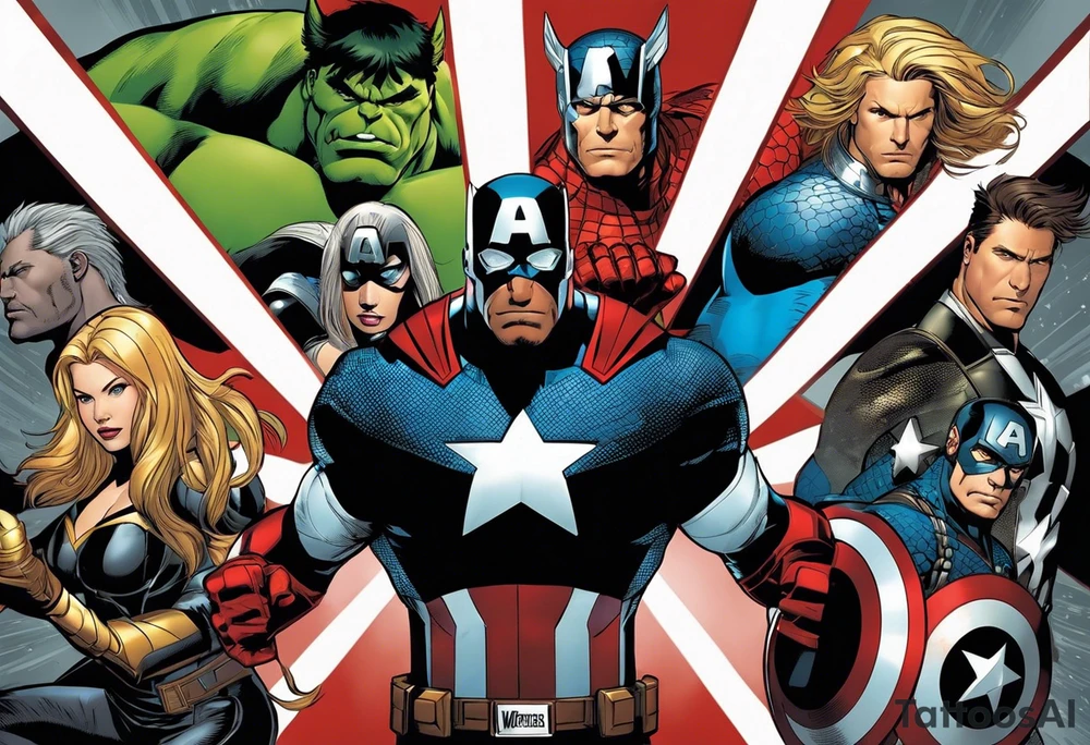 I want to change Avengers Team characters with animals. Hulk will be represented by a Badger.
Thor will be depicted as an Alpha Grey Wolf.
Captain America will be symbolized by a Bull.
Iron Man's character will be embodied by a Canary.
Black Widow's role will be portrayed by an Axolotl.
Hawkeye will be depicted as a Sudan Plated Lizard.
Nick Fury will be represented by a Cat. tattoo idea