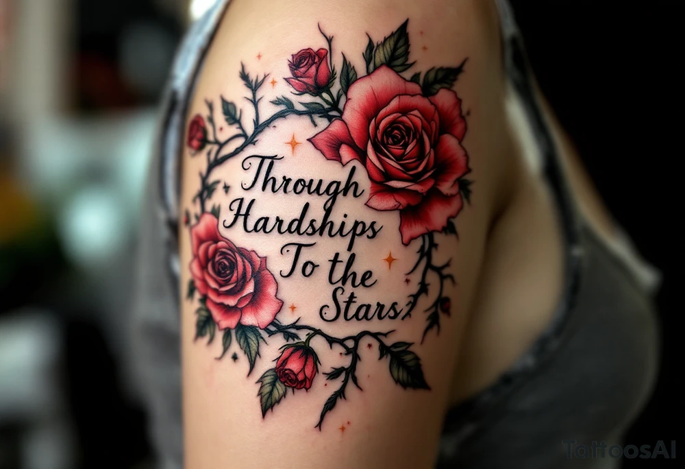 Surrounded by fiery-red roses and thorns, the phrase “Through Hardships To the Stars” weaves through the blooms. tattoo idea