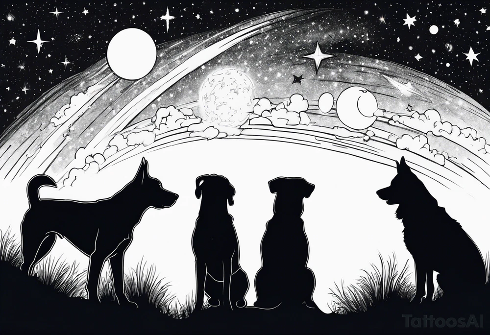 Me and my 3 dogs as silhouettes looking up at a night sky with galaxies comets and other space elements tattoo idea