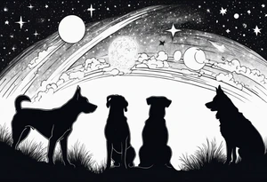 Me and my 3 dogs as silhouettes looking up at a night sky with galaxies comets and other space elements tattoo idea