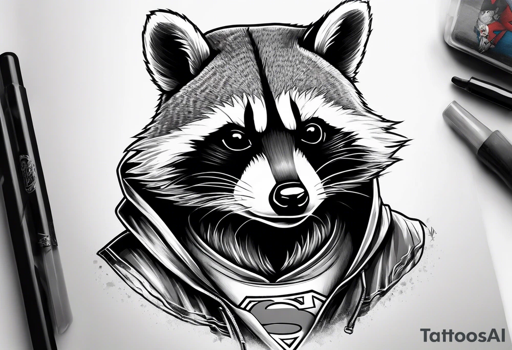 raccoon wearing a Superman hoodie tattoo idea