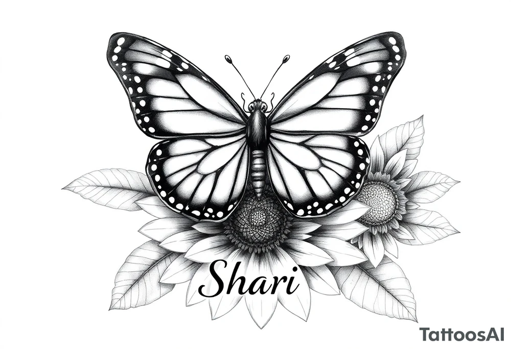 The central focus is a large butterfly with intricate wing patterns, which appears to be a monarch butterfly. It is resting on a sunflower, with its wings spread open.With the name Shari  in it tattoo idea